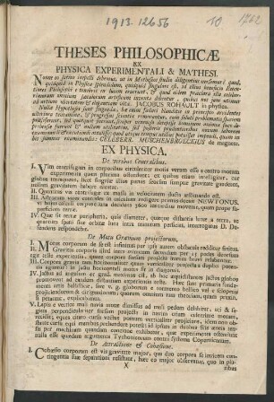 Theses Philosophicæ Ex Physica Experimentali & Mathesi