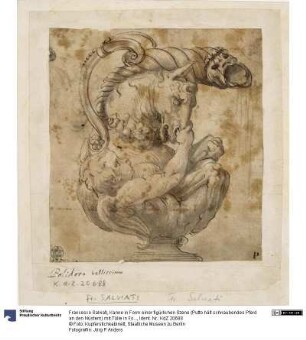 Kanne in Form einer figürlichen Szene (Putto hält schnaubendes Pferd an den Nüstern) mit Tülle in Form eines Horns und einer Maske am Ausguß, seitlich ein geschwungener Henkel