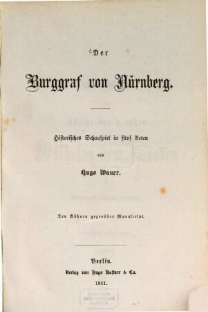 Der Burggraf von Nürnberg : historisches Schauspiel in fünf Acten