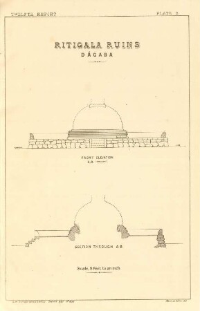 Plate B. Ritigala ruins. Dágaba. Front elevation. Section through A. B.