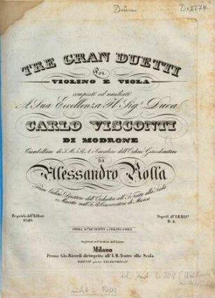 Tre gran duetti per violino e viola : opera 16a de' duetti a violino e viola