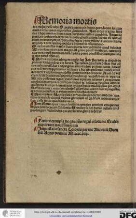 Finiunt exempla de gaudiis regni celorum et aliorum trium novissimorum. Impressa in sancta Colonia per me Henricum Quentell anno domini M.cccc.xcii.