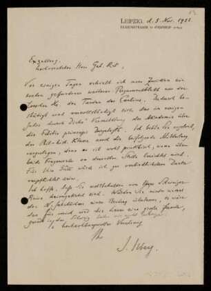 Nr. 13 Brief von Johannes Ilberg an Ulrich von Wilamowitz-Moellendorff. Leipzig, 5.11.1922