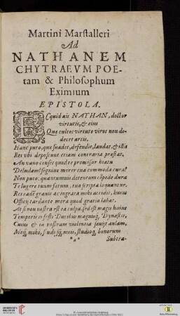 Martini Marstalleri ad Nathanem Chytraeum Poetam & Philosophum Eximium