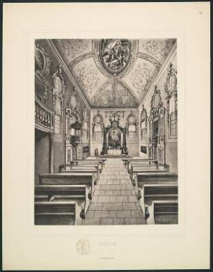 Hauptsäle des königl. Jagdschlosses Moritzburg. Gezeichnet von Paul Schulze. Dresden, 1897. Album mit Drucken nach Zeichnungen, Blatt VI, Kapelle, 36,3 x 28,0 cm (Blattformat). Dresden: SLUB Hist.Sax.H.70.m