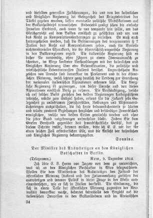 Telegramm: Der Minister des Auswärtigen an den Königlichen Botschafter in Berlin.