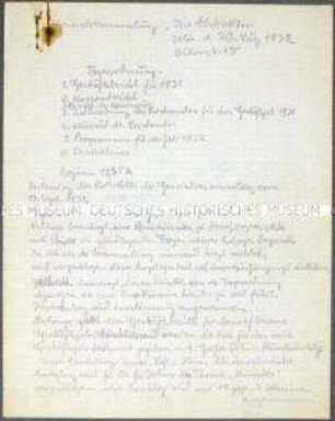 Handschriftliches Protokoll der Generalversammlung der Künstlervereinigung "Die Zeitgemäßen" (Die Abstrakten) vom 20. März 1932 - Sachkonvolut