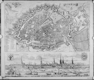 Hamburg aus der Vogelschau und Ansicht der Stadt von Süden