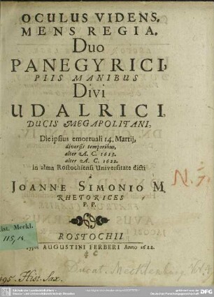 Oculus videns ... duo panegyrici piis manibus Udalrici, ducis Megapolitani