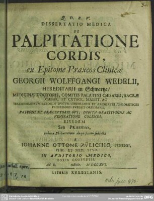 Dissertatio Medica De Palpitatione Cordis : ex Epitome Praxeos Clinicae