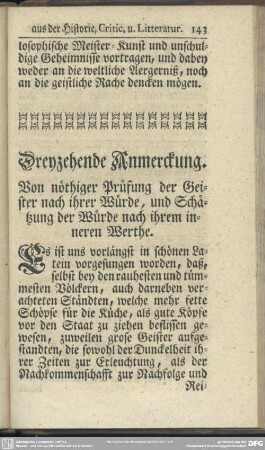 Dreyzehende Anmerckung. Von nöthiger Prüfung der Geister nach ihrer Würde, und Schätzung der Würde nach ihrem inneren Werthe