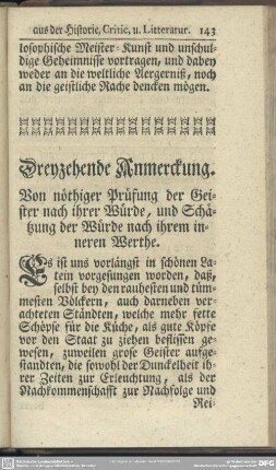 Dreyzehende Anmerckung. Von nöthiger Prüfung der Geister nach ihrer Würde, und Schätzung der Würde nach ihrem inneren Werthe