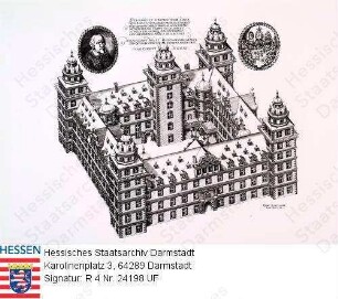 Aschaffenburg, Schloss Johannisburg mit Porträt des Bauherrn, des Mainzer Kurfürsten Johann Schweikhard v. Kronberg (1553-1626) sowie Wappen