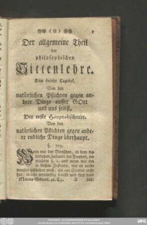 Das dritte Capitel. Von den natürlichen Pflichten gegen andere Dinge ausser Gott und uns selbst.