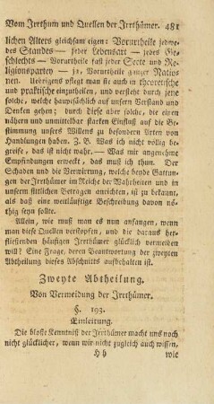 Zweyte Abtheilung. Von Vermeidung der Irrthümer