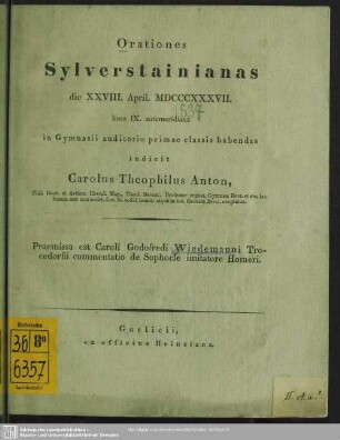 1837: Orationes Sylverstainianas ... in Gymnasii auditorio primae classis habendas indicit