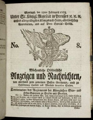 No. 8. Montags, den 22ten Februarii 1768.