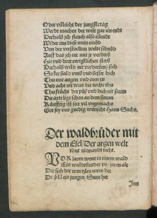 Der waldbruder mit dem Esel/ Der argen welt thut niemandt recht.