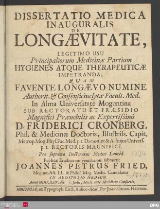 Dissertatio Medica Inauguralis De Longævitate, Legitimo Usu Principaliorum Medicinæ Partium Hygienes Atque Therapeuticæ Impetranda