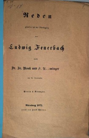 Reden gehalten bei der Beerdigung von Ludwig Feuerbach von Dr. Fr. Mook und A. Memminger am 15. September