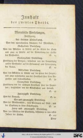 Innhalt des zweyten Theils.