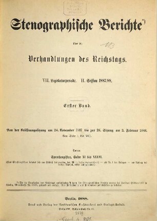 Verhandlungen des Reichstages. Stenographische Berichte. 101. 1887/88