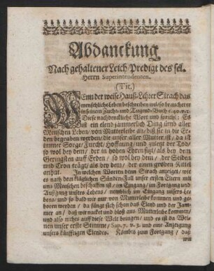 Abdanckung Nach gehaltener Leich-Predigt des sel. Herrn Superintendenten.