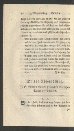 Dritte Abhandlung. J. G. Gmelin von den feuerfesten alcalischen Salzen der Pflanzen.