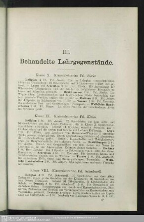 III. Behandelte Lehrgegenstände