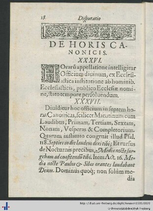 Disputatio De Horis Canonicis