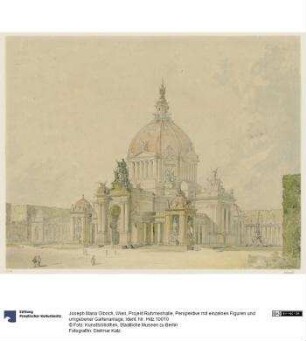 Wien, Projekt Ruhmeshalle, Perspektive mit einzelnen Figuren und umgebener Gartenanlage
