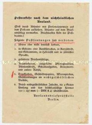 Merkblatt für den Postverkehr ins "nichtfeindliche Ausland"