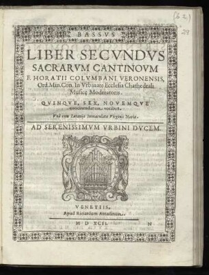 Orazio Colombani: Liber secundus sacrarum cantionum ... quinque, sex, novemque ... vocibus. Bassus