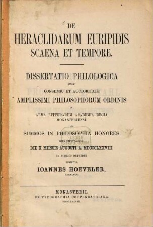 De Heraclidarum Euripidis scaena et tempore : Münster'sche Doctordiss