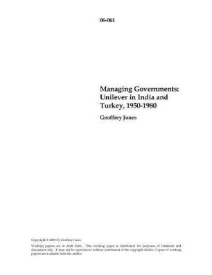 Managing Governments: Unilever in India and Turkey, 1950-1980