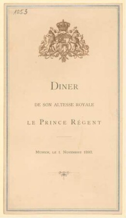 Menükarte : Diner de Son Altesse Royale le Prince Regent