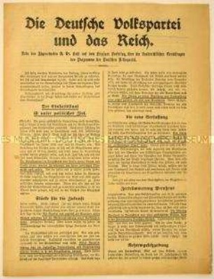 Flugschrift mit Abdruck einer programmatischen Rede "Die Deutsche Volkspartei und das Reich" des Abgeordneten D. Dr. Kahl auf dem Leipziger DVP-Parteitag