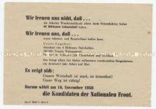 Handzettel mit Wirtschaftspropaganda und Aufruf zur Volkskammerwahl 1958