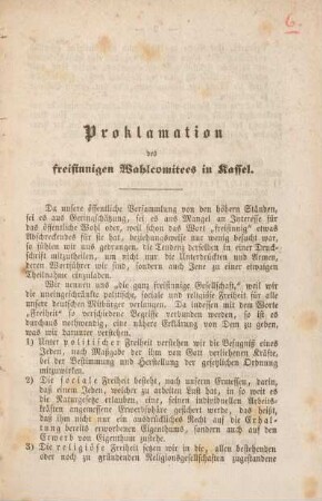 Proklamation des freisinnigen Wahlcomitees in Kassel.