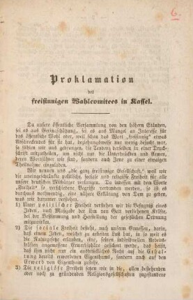 Proklamation des freisinnigen Wahlcomitees in Kassel.