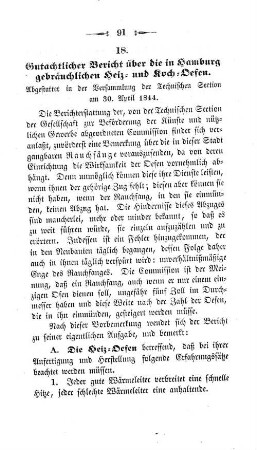 18. Gutachtlicher Bericht über die in Hamburg gebräuchlichen Heiz- und Koch Oefen. : Abgestattet in der Versammlung der Technischen Section am 30. April 1844.
