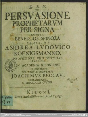 De Persuasione Prophetarum Per Signa Contra Bened. De Spinoza