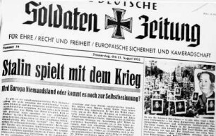Reproduktion eines Artikels der Deutschen Soldatenzeitung, dem Vorläufer der National-Zeitung, einer rechtsextremen Wochenzeitung, vom 21.August 1952 zur Stalinistischen Politik