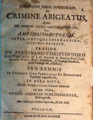 Dissertatio Jurid. Inauguralis, De Crimine Abigeatus
