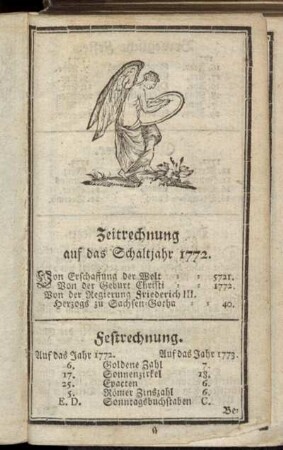 Zeitrechnung auf das Schaltjahr 1772. - Sonnen- und Mondfinsternisse.