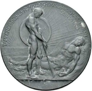 Medaille auf den Ersten Weltkrieg mir Darstellung eines Kriegers und eines Denkmals mit einem Reichsadler, 1916