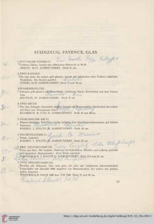 Steinzeug, Fayence, Glas (Nr. 1-27)