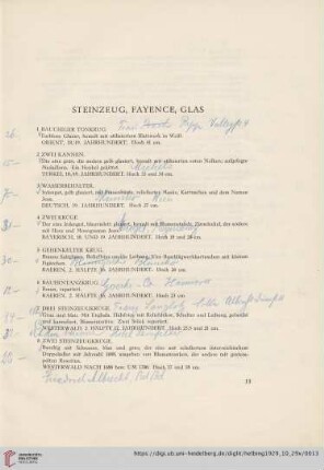 Steinzeug, Fayence, Glas (Nr. 1-27)