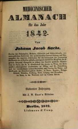 Sachs' medicinischer Almanach, 1842 = Jg. 7