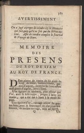Memoire des Presens du Roy de Siam au Roy de France.